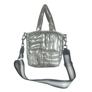 Think Royln Small Tote Pearl Gray Quilted Bag with Crossbody Strap Silver Nylon